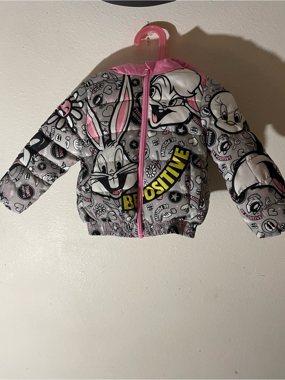 Members Only Gray Puffer Jacket with Pink Trim & Yellow Accent
